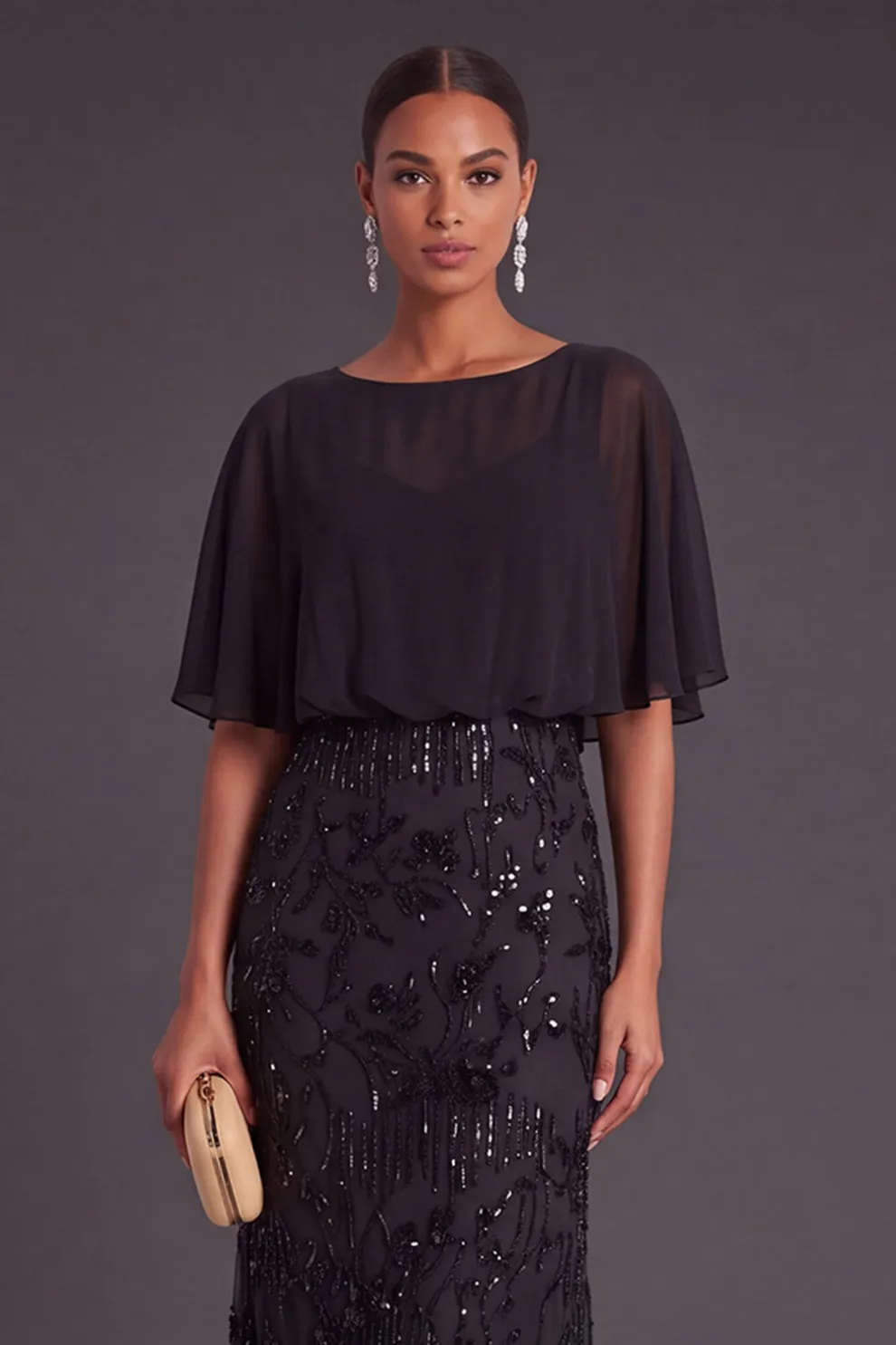 Black Sparkly Sequins Beaded Floral Boat Neck Long Formal Dress with Cape