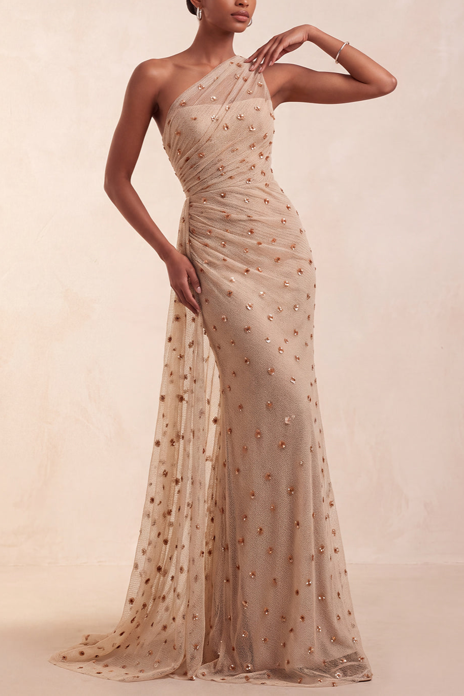 One Shoulder Mermaid Sparkly Khaki Maxi Formal Dress With Streamer