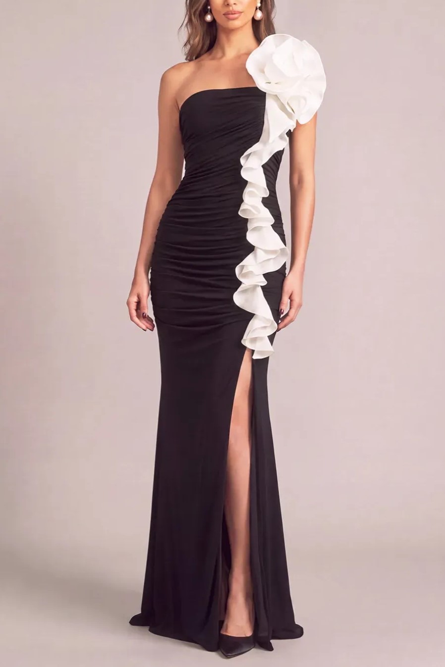 Black Mermaid One Shoulder Ruched Long Formal Dress with Ruffles