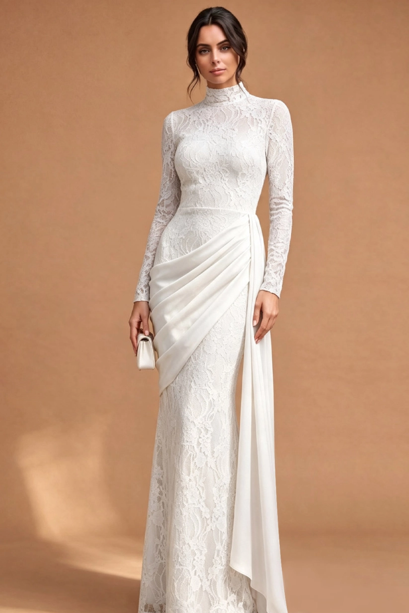 Light Blue High Neck Lace Maxi Evening Dress