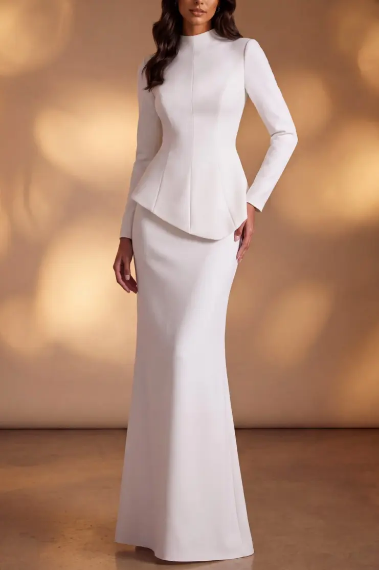 White High Neck Peplum Two‑Piece Maxi Formal Evening Dress