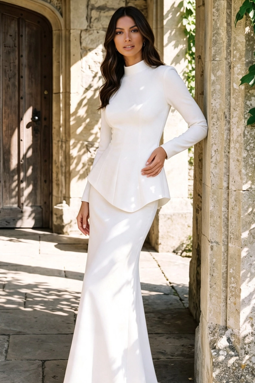 White High Neck Peplum Two‑Piece Maxi Formal Evening Dress