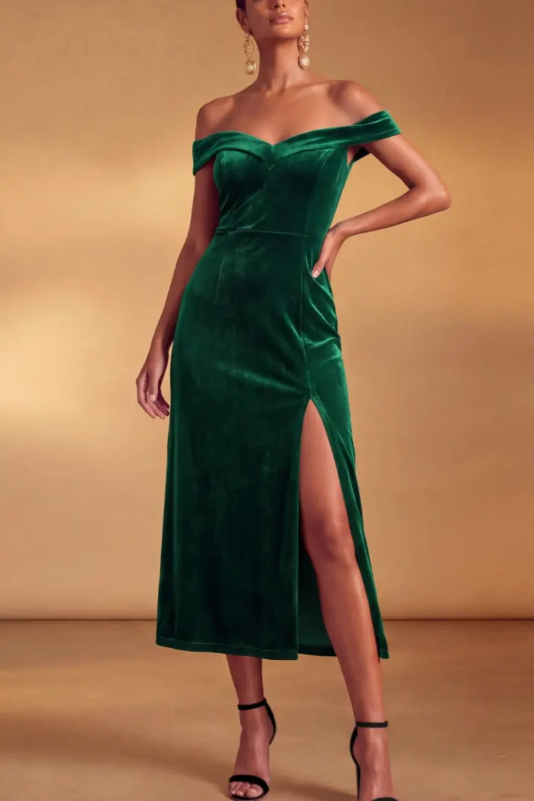 Purple Off‑The‑Shoulder Slit Velvet Midi Formal Evening Dress