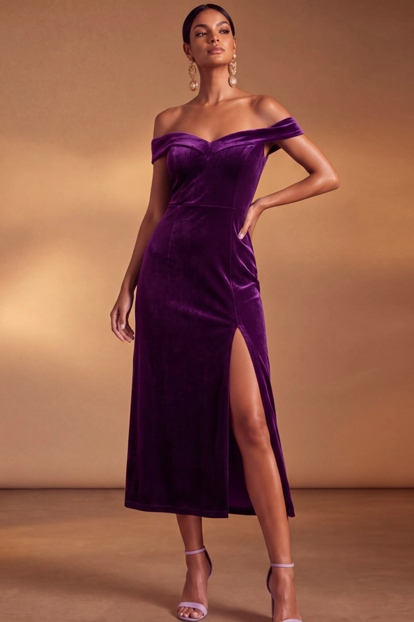 Purple Off‑The‑Shoulder Slit Velvet Midi Formal Evening Dress