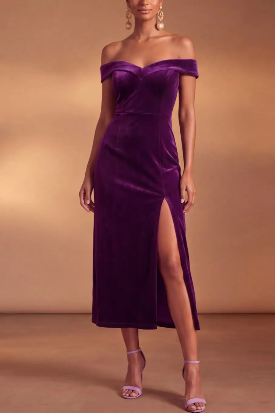 Purple Off‑The‑Shoulder Slit Velvet Midi Formal Evening Dress