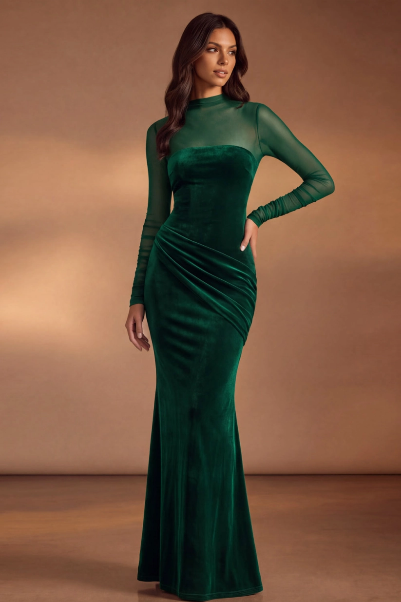 Dark Purple Mermaid High Neck Mesh Long Sleeve Velvet Formal Evening Dress
