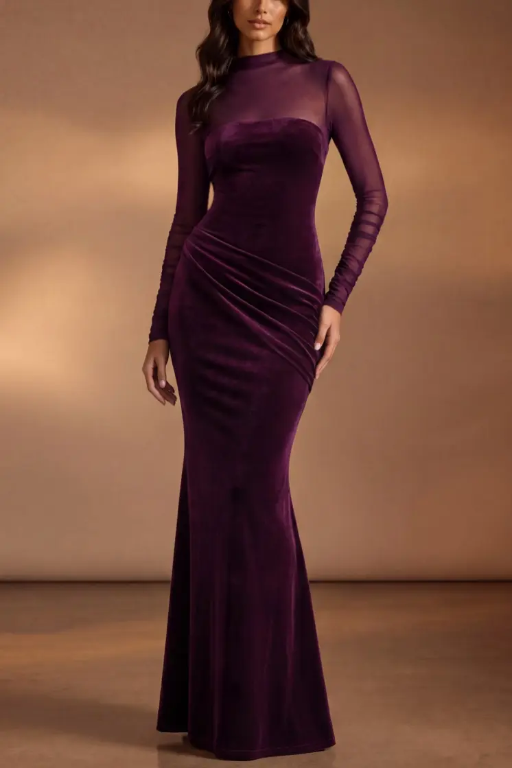 Dark Purple Mermaid High Neck Mesh Long Sleeve Velvet Formal Evening Dress