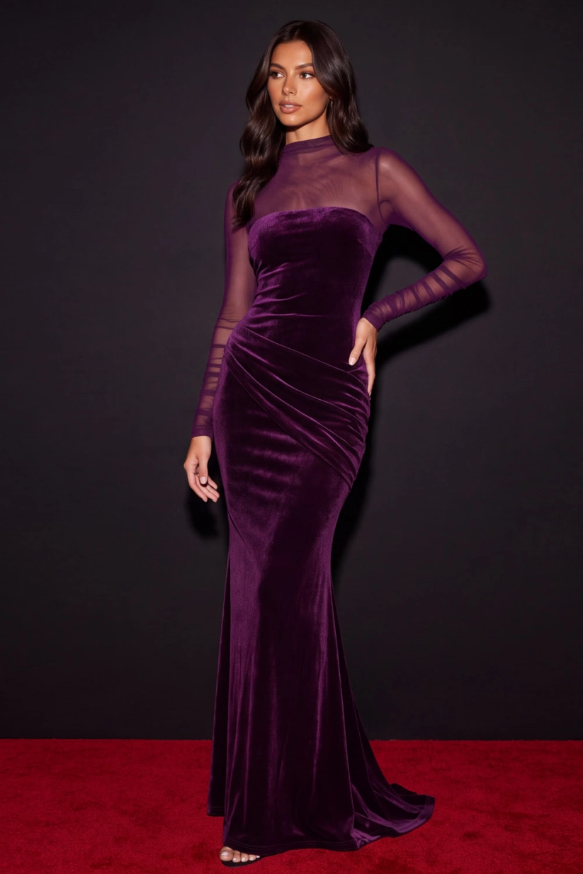 Dark Purple Mermaid High Neck Mesh Long Sleeve Velvet Formal Evening Dress
