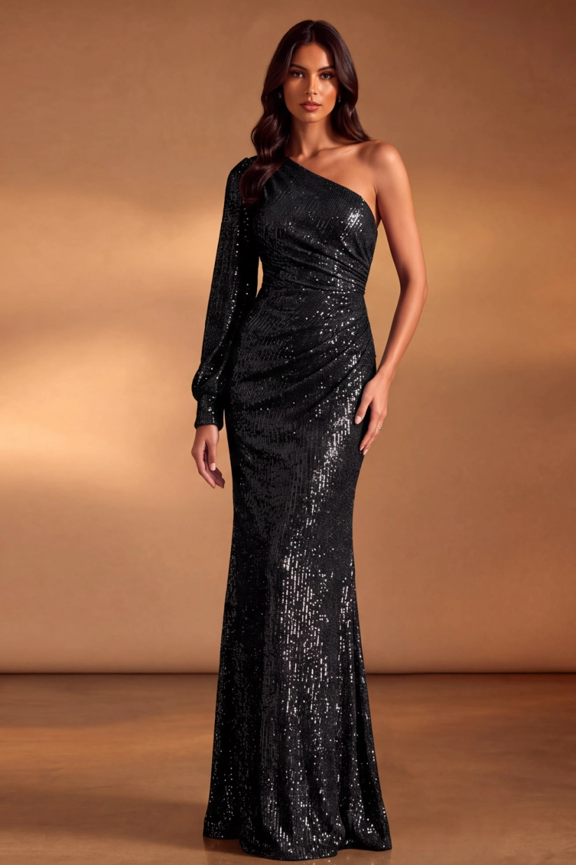 Champagne One Shoulder Long Sleeve Sequin Mermaid Maxi Evening Dress