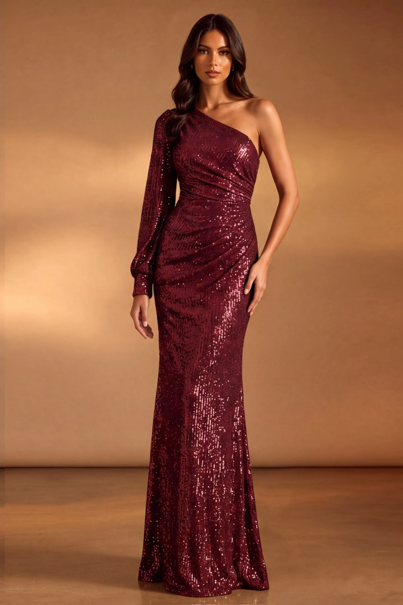 Champagne One Shoulder Long Sleeve Sequin Mermaid Maxi Evening Dress