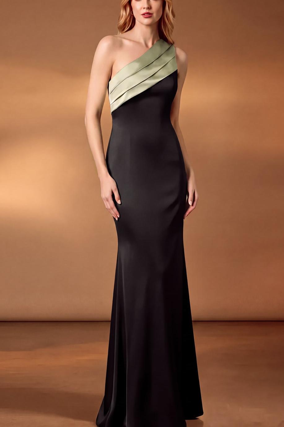 Dusty Sage & Black One Shoulder Pleated Satin Maxi Formal Dress