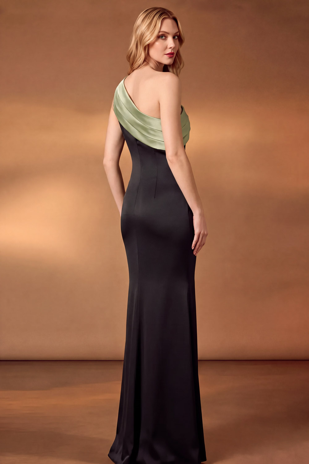 Dusty Sage & Black One Shoulder Pleated Satin Maxi Formal Dress