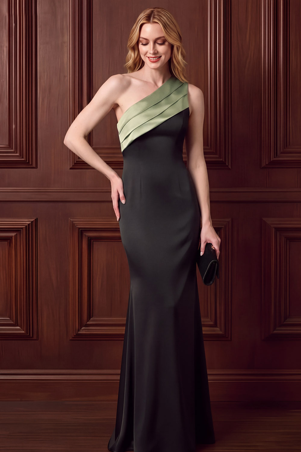 Dusty Sage & Black One Shoulder Pleated Satin Maxi Formal Dress