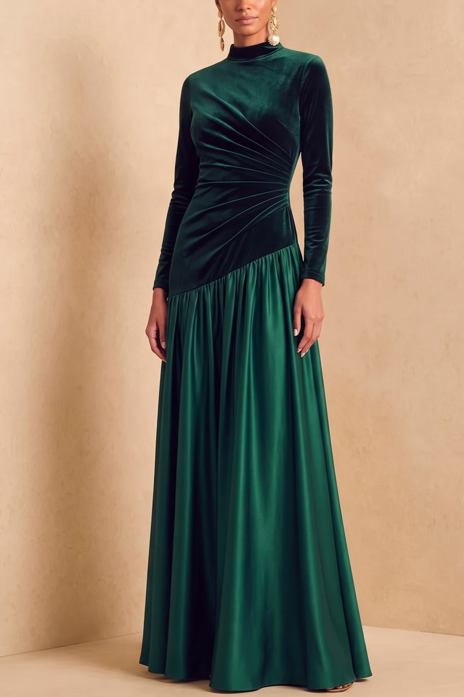 Dark Green Mock Neck Long Sleeve Velvet Satin Mix Wedding Guest Maxi Dress