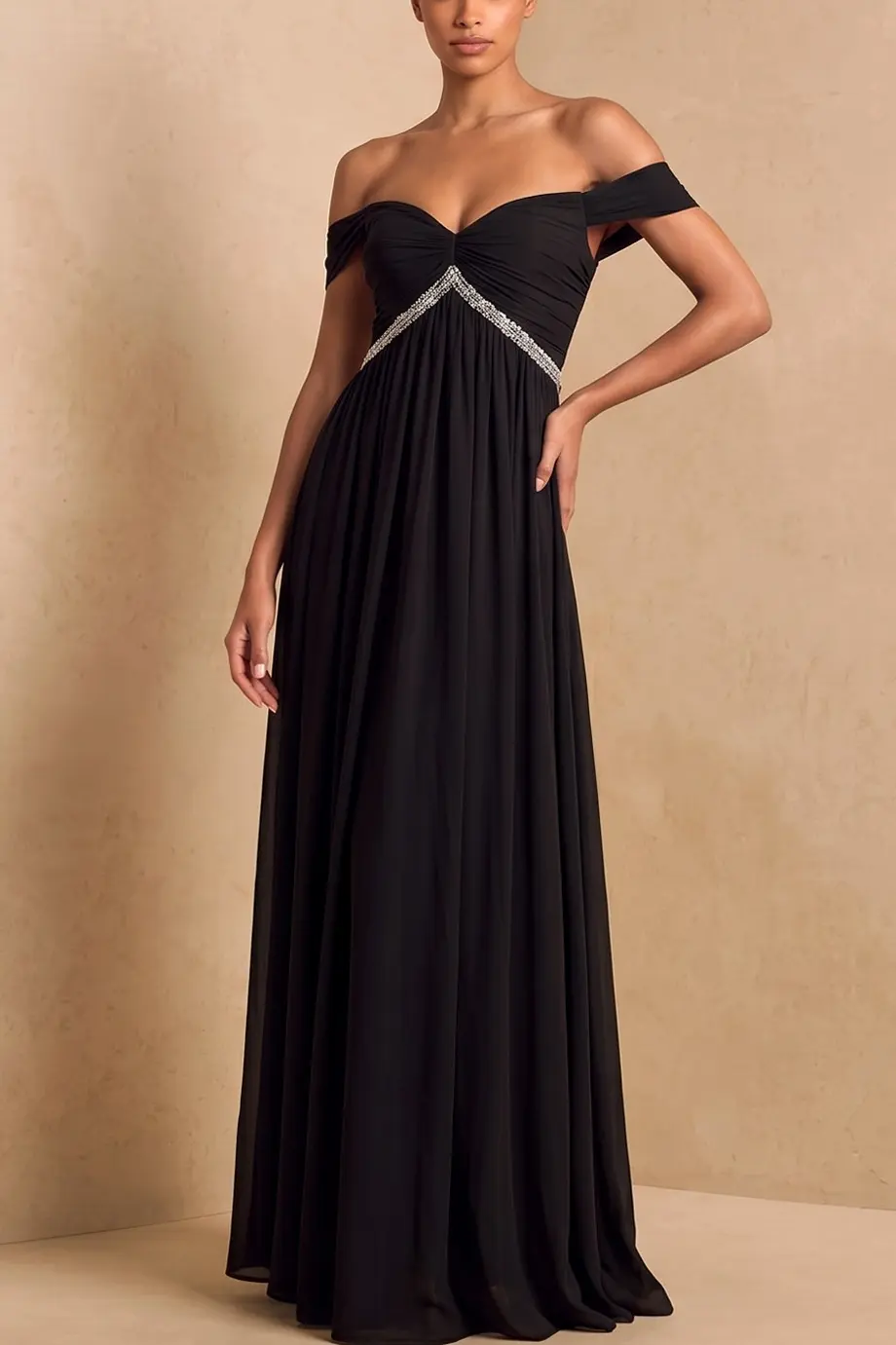 Black Off‑The‑Shoulder Sweetheart Beaded Empire Waist Chiffon Maxi Evening Gown