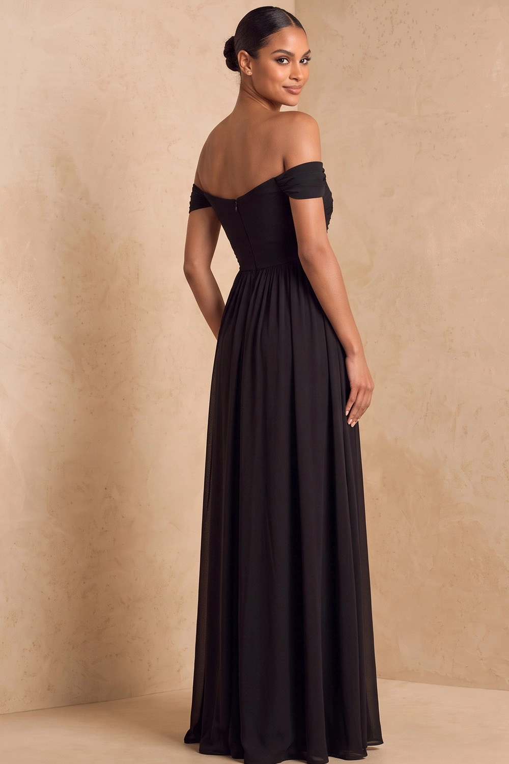 Black Off‑The‑Shoulder Sweetheart Beaded Empire Waist Chiffon Maxi Evening Gown