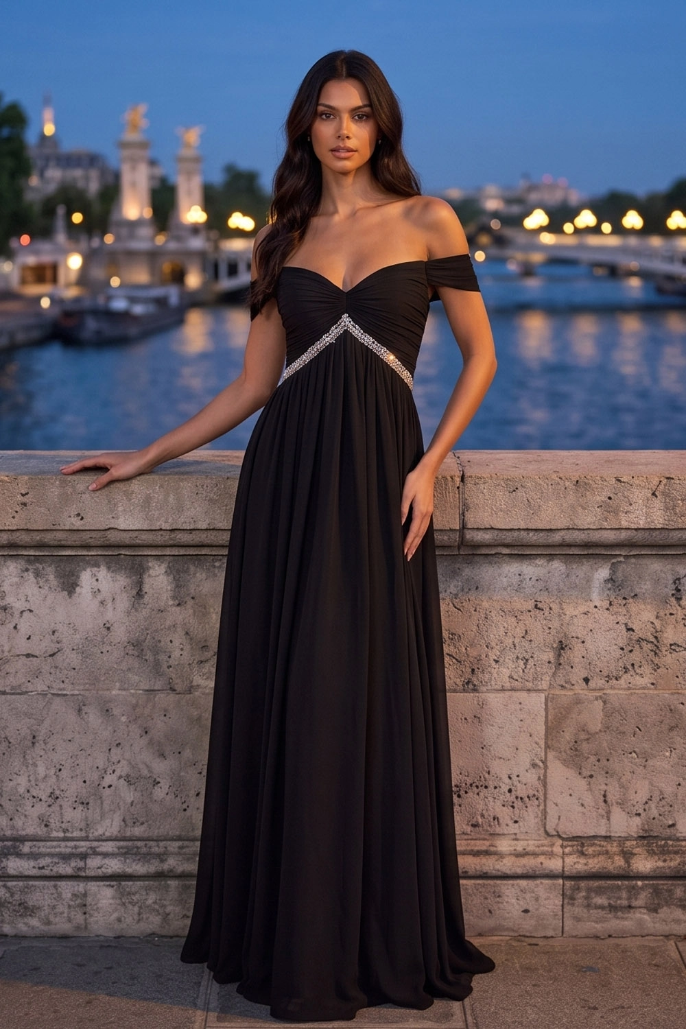 Black Off‑The‑Shoulder Sweetheart Beaded Empire Waist Chiffon Maxi Evening Gown