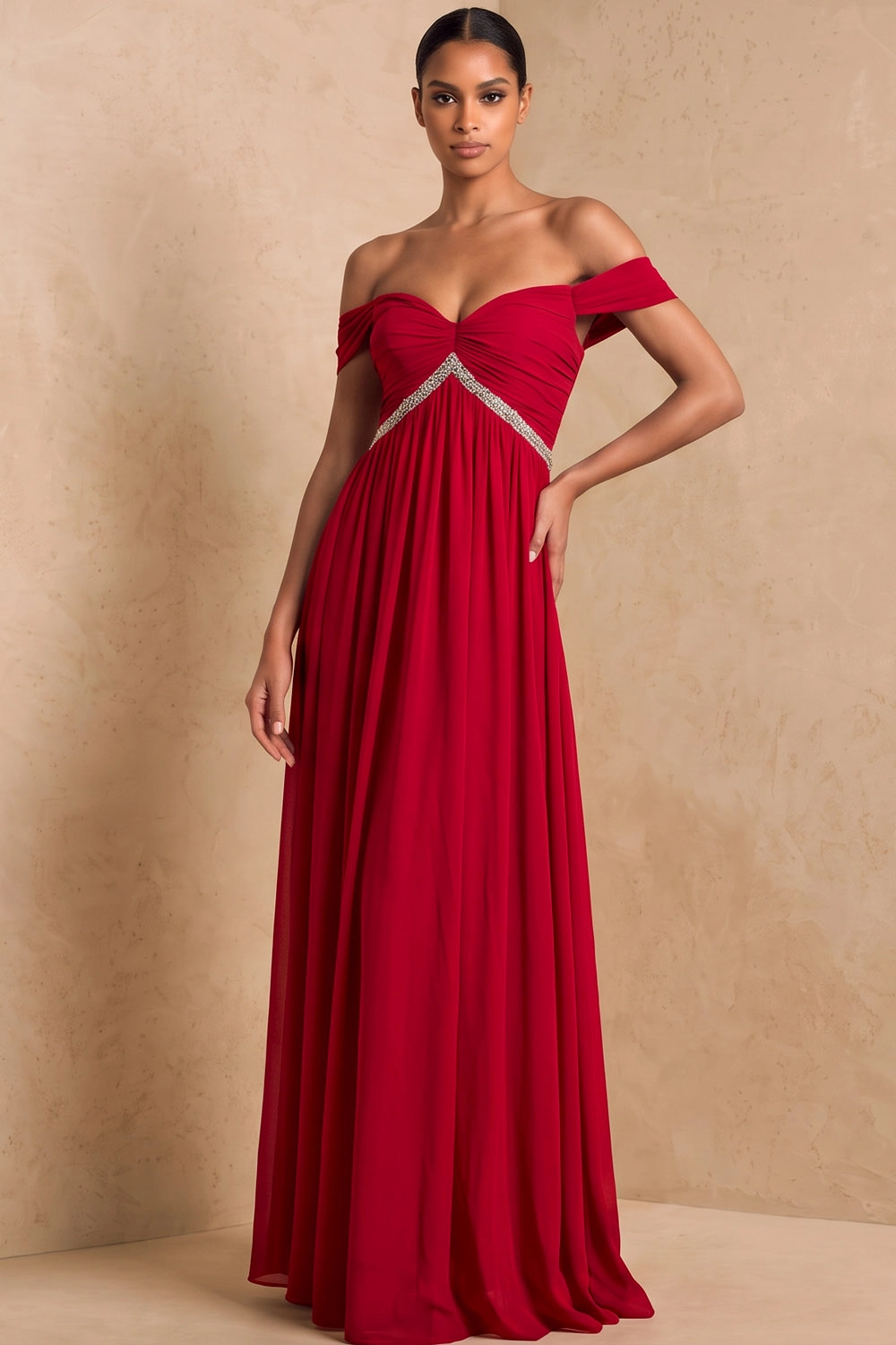 Black Off‑The‑Shoulder Sweetheart Beaded Empire Waist Chiffon Maxi Evening Gown