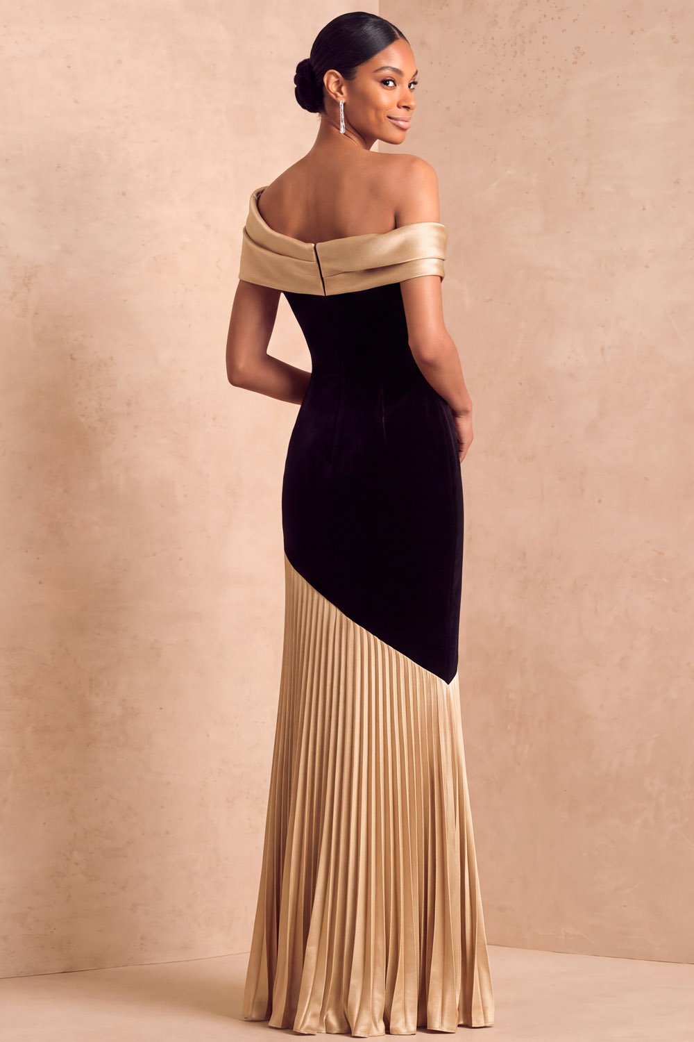 Black & Champagne One Shoulder Velvet Satin Pleated Maxi Formal Dress