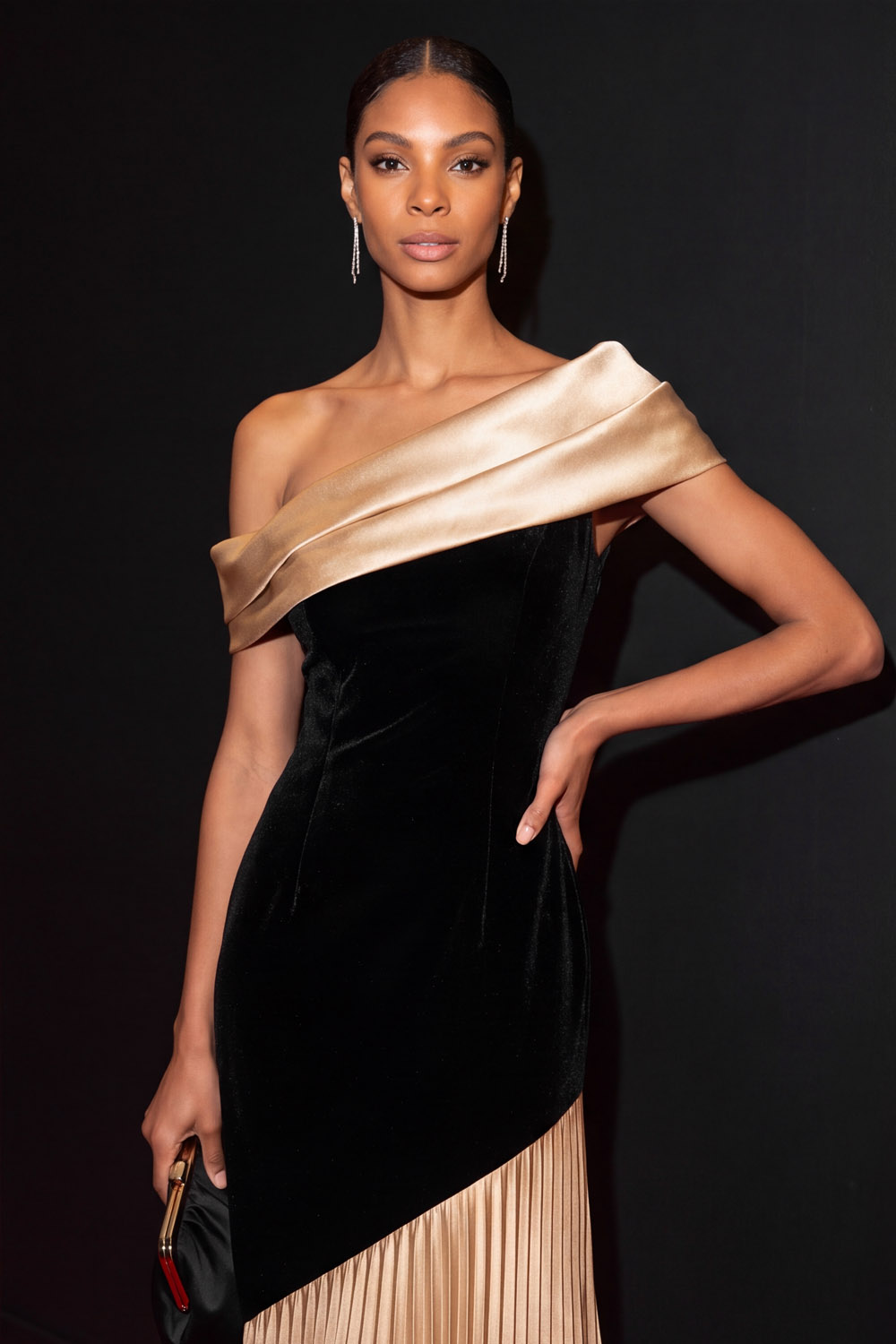 Black & Champagne One Shoulder Velvet Satin Pleated Maxi Formal Dress