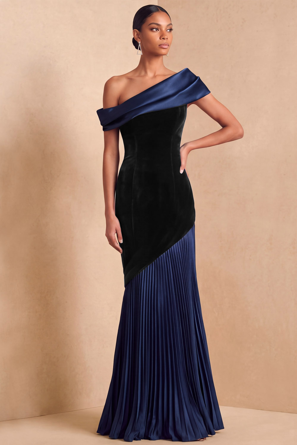 Black & Champagne One Shoulder Velvet Satin Pleated Maxi Formal Dress