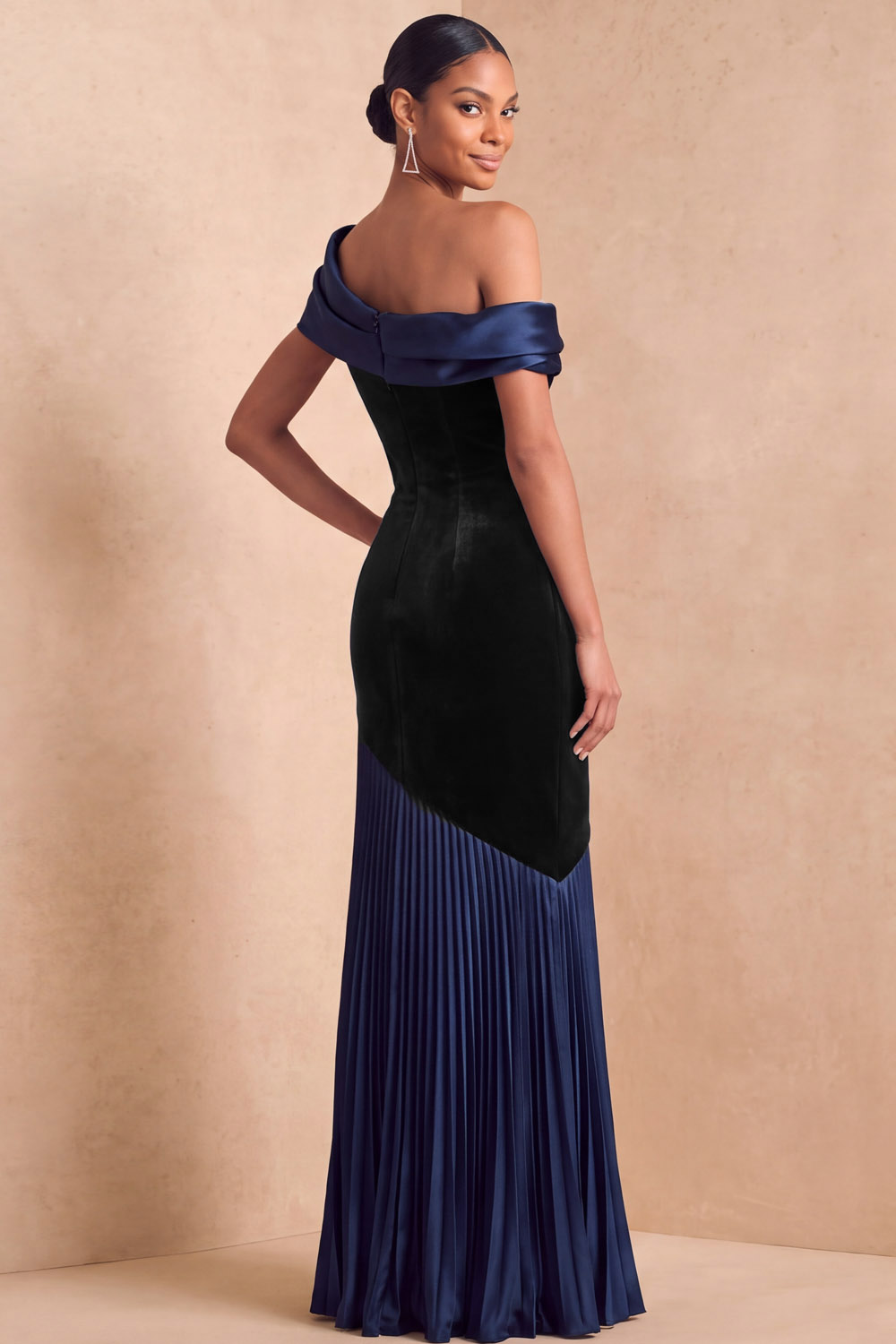 Black & Champagne One Shoulder Velvet Satin Pleated Maxi Formal Dress