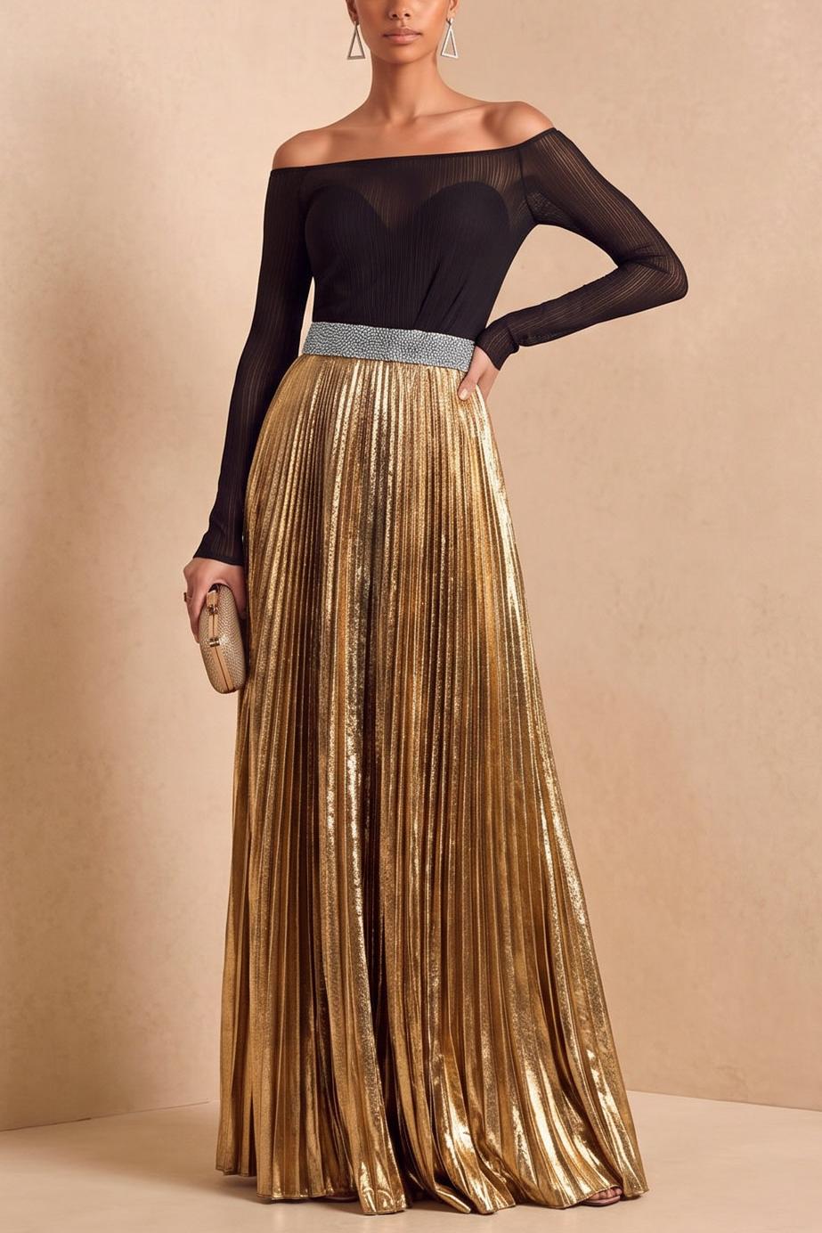 Black Off‑The‑Shoulder Mesh Long Sleeve Metallic Pleated Maxi Formal Dress