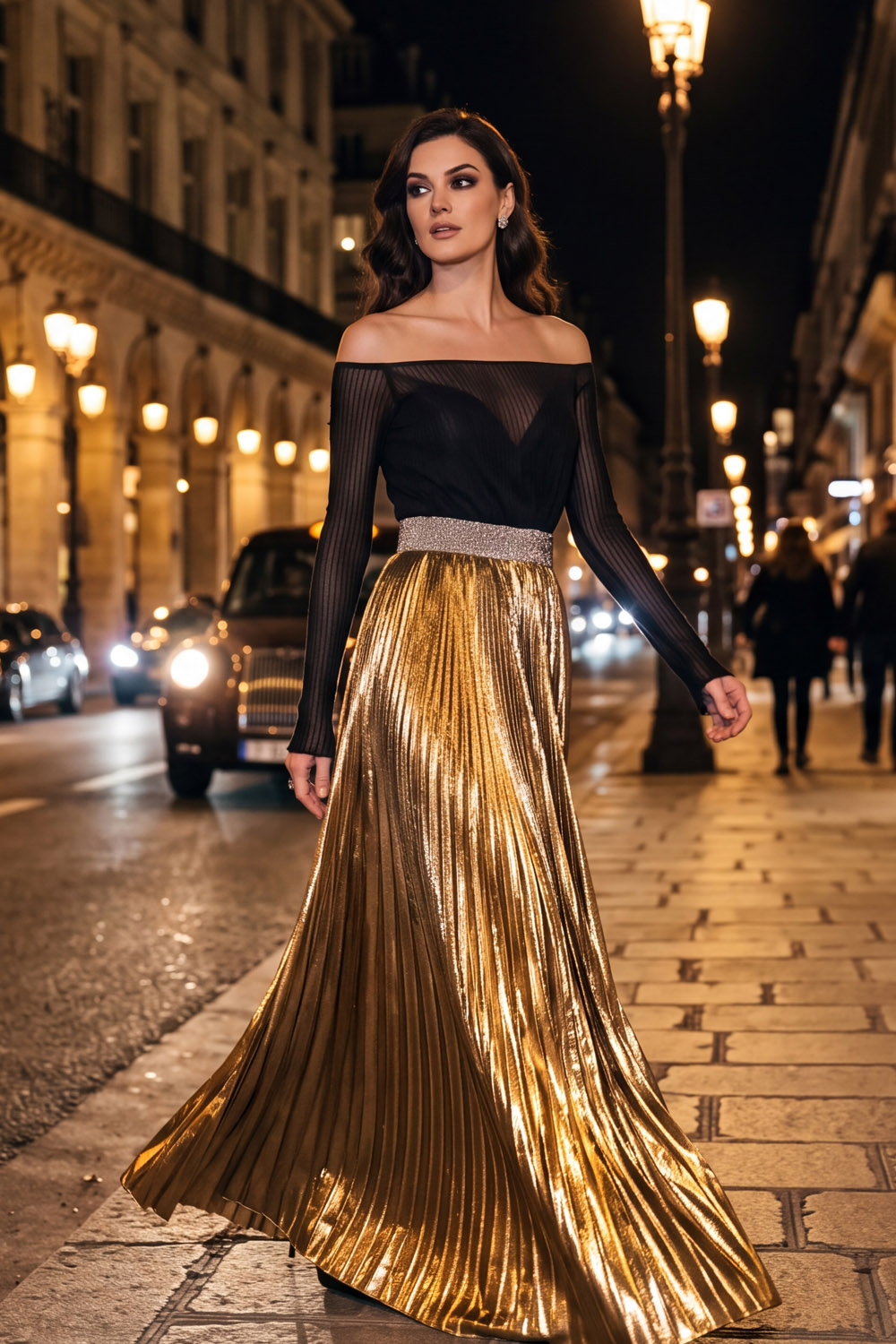 Black Off‑The‑Shoulder Mesh Long Sleeve Metallic Pleated Maxi Formal Dress