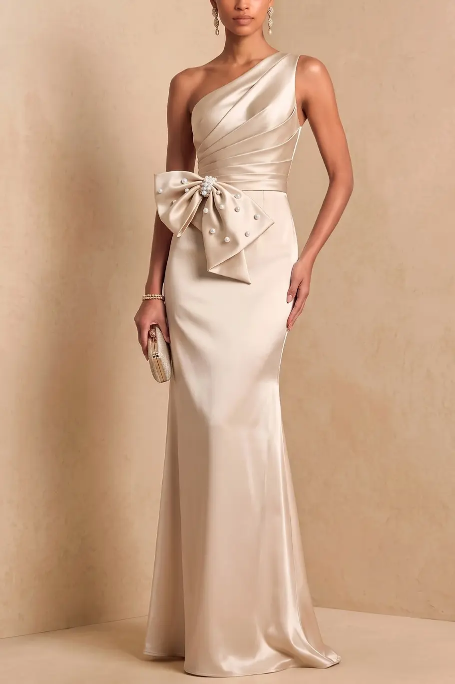 Champagne One‑Shoulder Pearl Bow Satin Mermaid Maxi Formal Dress