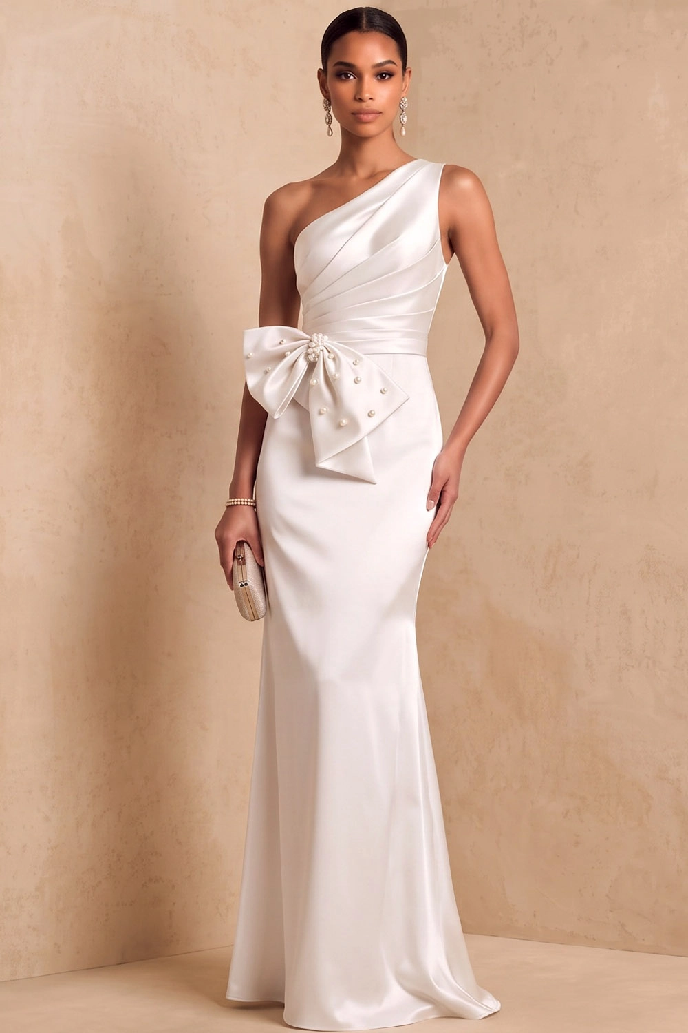 Champagne One‑Shoulder Pearl Bow Satin Mermaid Maxi Formal Dress
