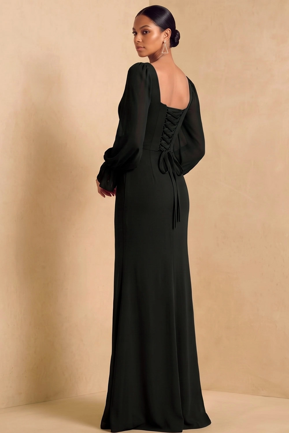 Blue Square Neck Puff Long Sleeve Chiffon Mermaid Maxi Wedding Guest Dress
