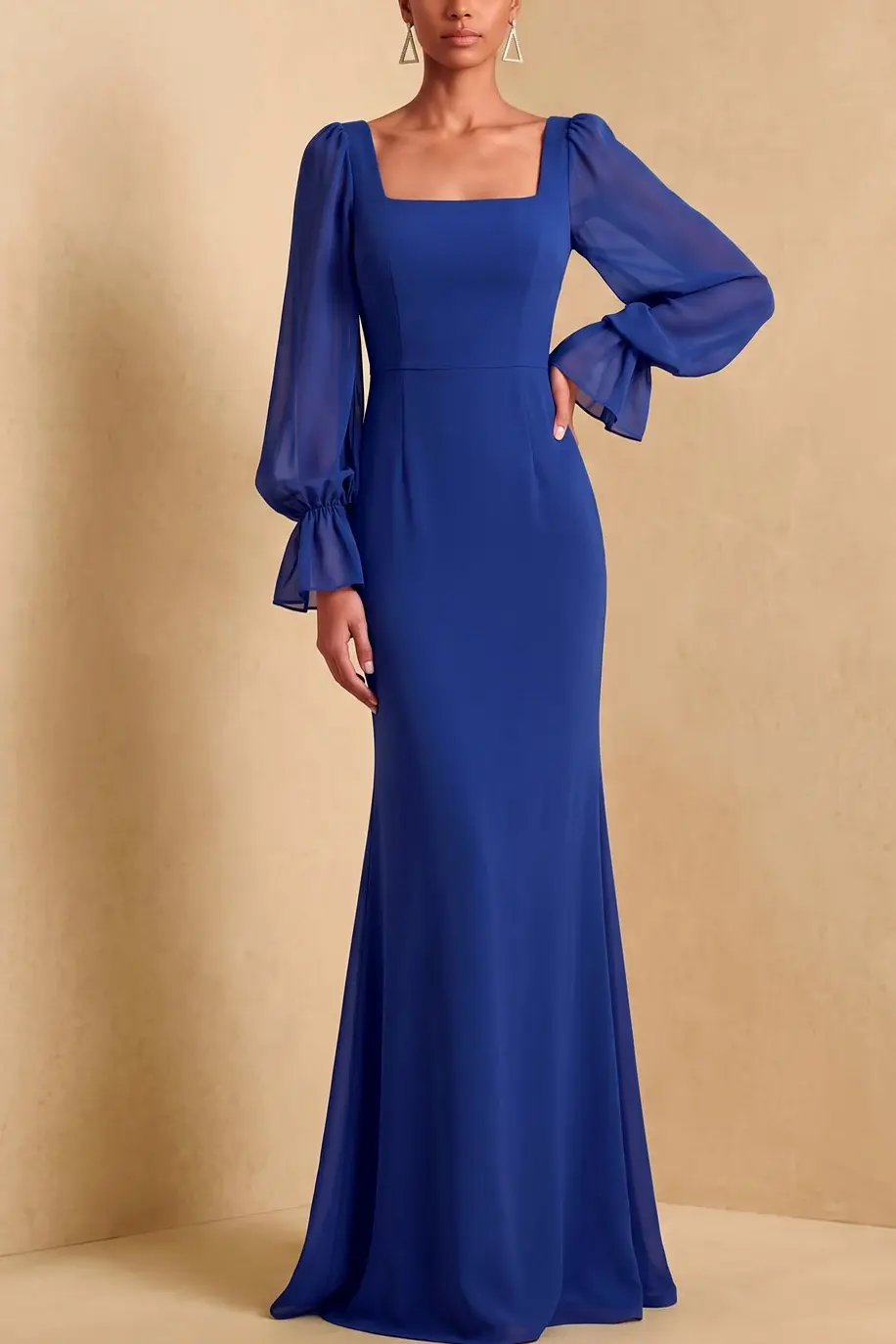 Blue Square Neck Puff Long Sleeve Chiffon Mermaid Maxi Wedding Guest Dress
