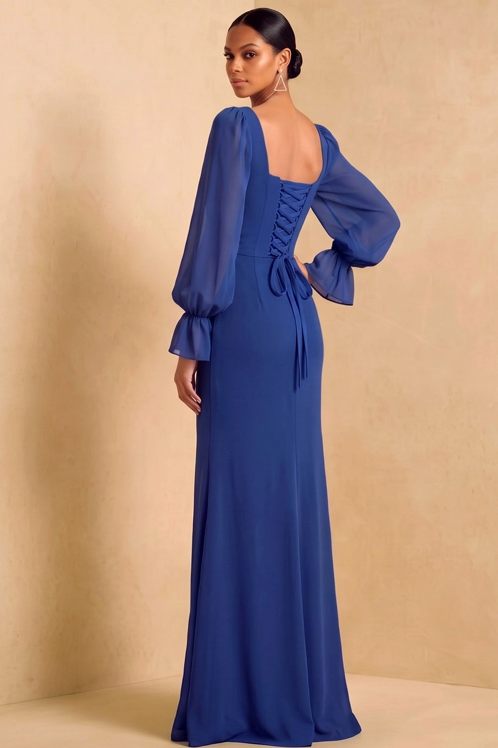 Blue Square Neck Puff Long Sleeve Chiffon Mermaid Maxi Wedding Guest Dress