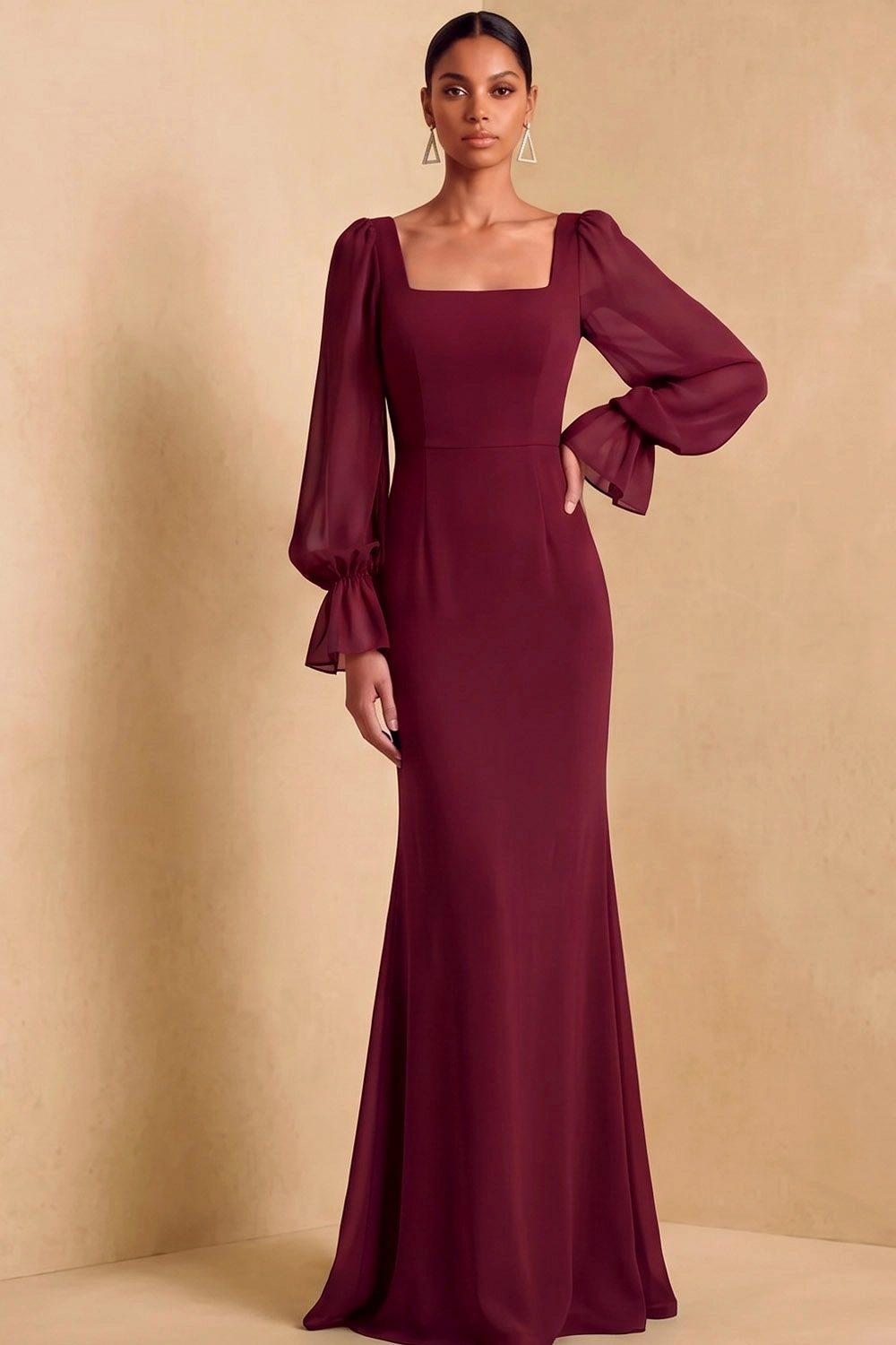 Blue Square Neck Puff Long Sleeve Chiffon Mermaid Maxi Wedding Guest Dress