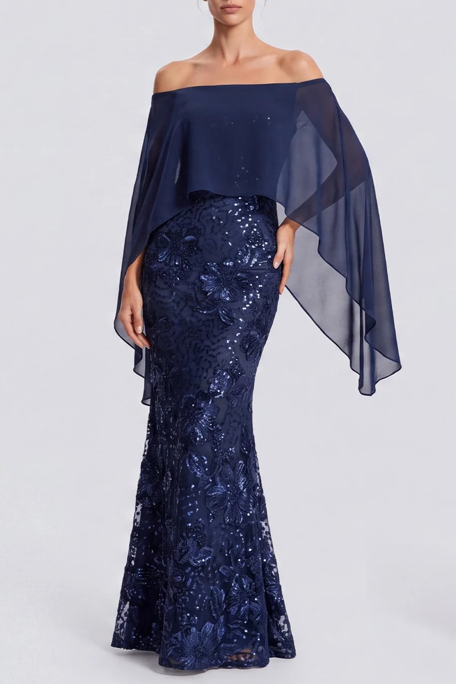 Off The Shoulder Sequins Mermaid Floral Navy Maxi Evening Dress