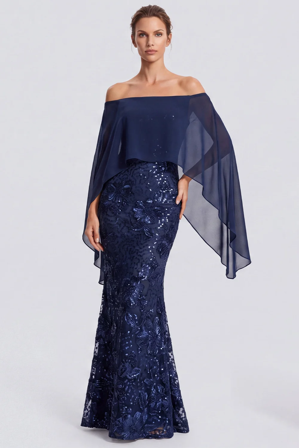 Off The Shoulder Sequins Mermaid Floral Navy Maxi Evening Dress