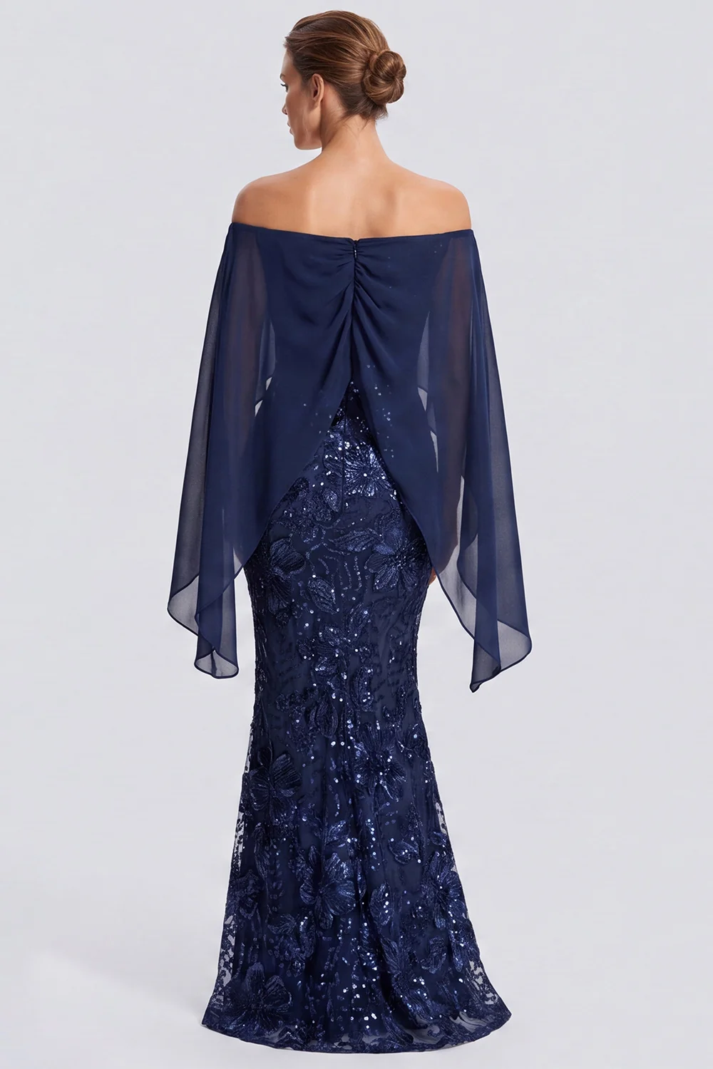 Off The Shoulder Sequins Mermaid Floral Navy Maxi Evening Dress