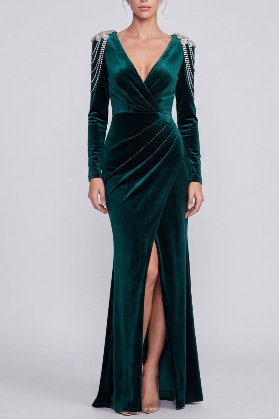 Mermaid Dark Green Long Sleeve Maxi Velvet Dress With Rhinestone