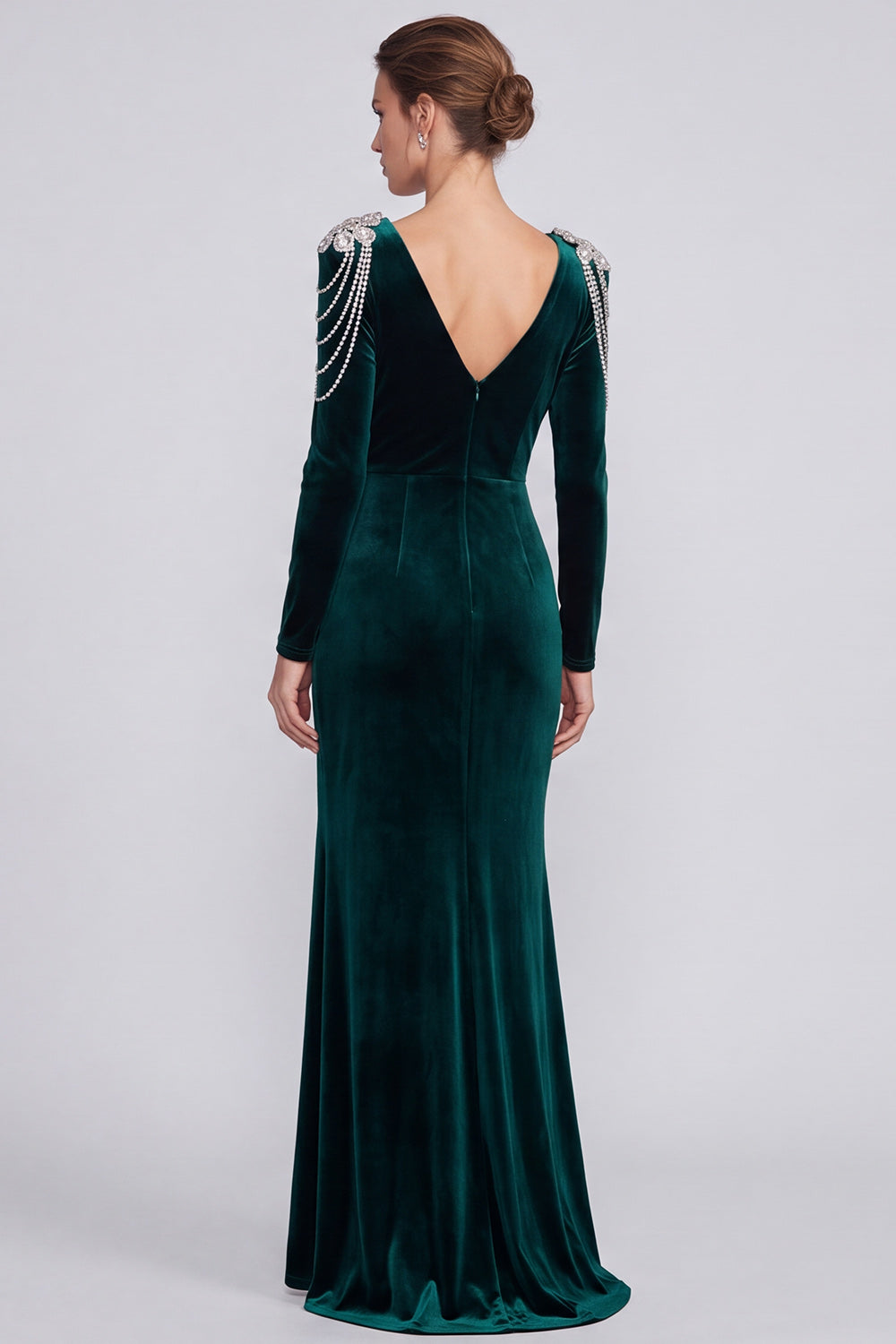 Mermaid Dark Green Long Sleeve Maxi Velvet Dress With Rhinestone