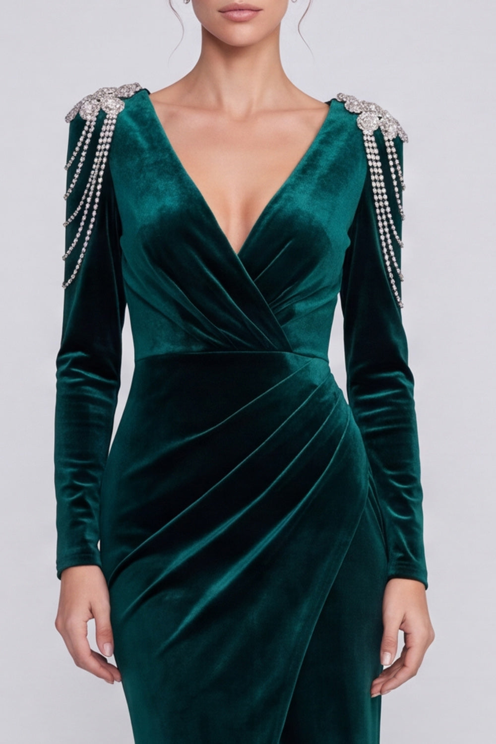 Mermaid Dark Green Long Sleeve Maxi Velvet Dress With Rhinestone