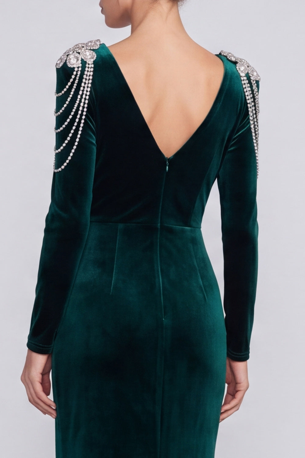 Mermaid Dark Green Long Sleeve Maxi Velvet Dress With Rhinestone