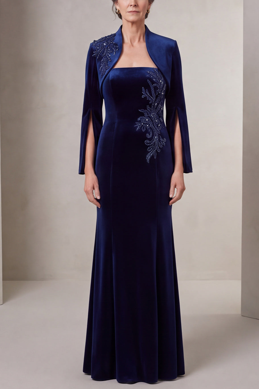 Mermaid Long Sleeve Navy Beaded Mother Of The Bride Dress