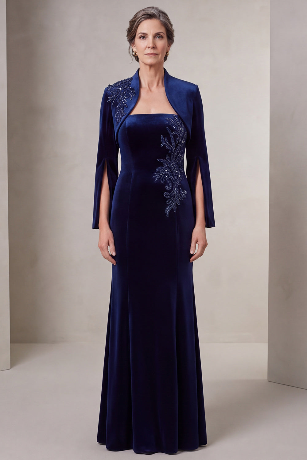 Mermaid Long Sleeve Navy Beaded Mother Of The Bride Dress