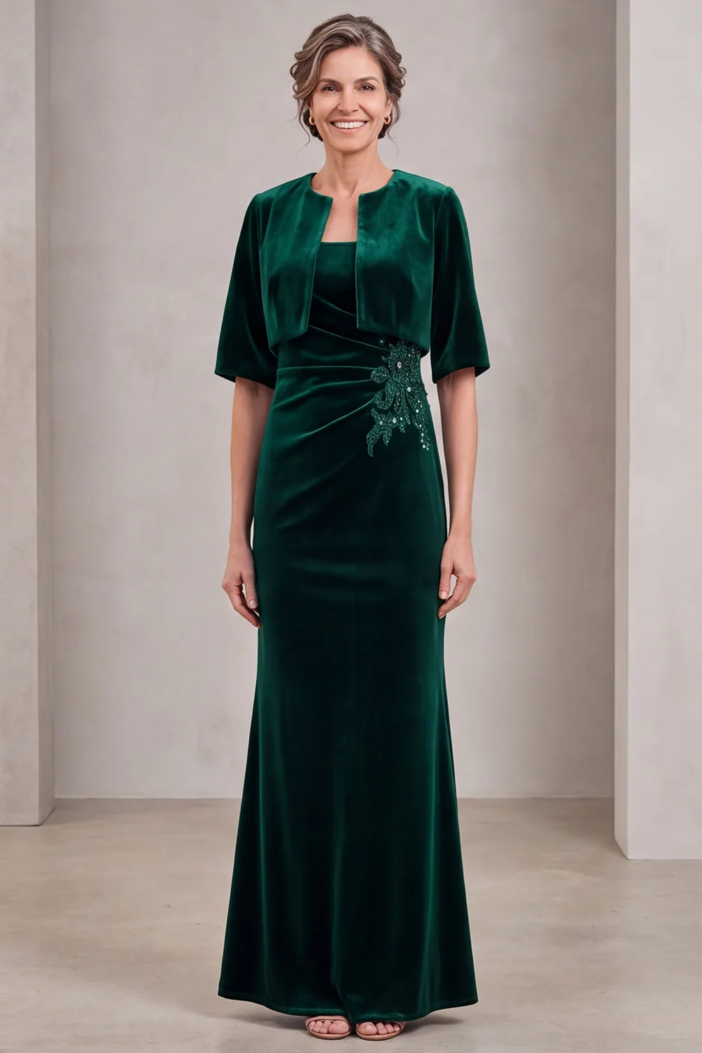 Mermaid Dark Green Velvet Long Mother Of The Bride Dress with Half Sleeves
