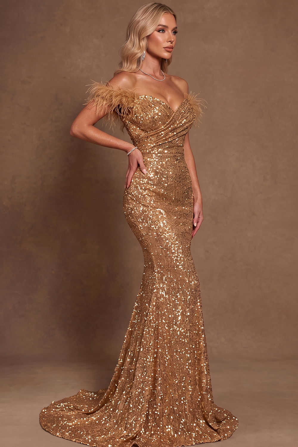 Off The Shoulder Feather Trim Gold Christmas Formal Wear Sequin Mermaid Gown