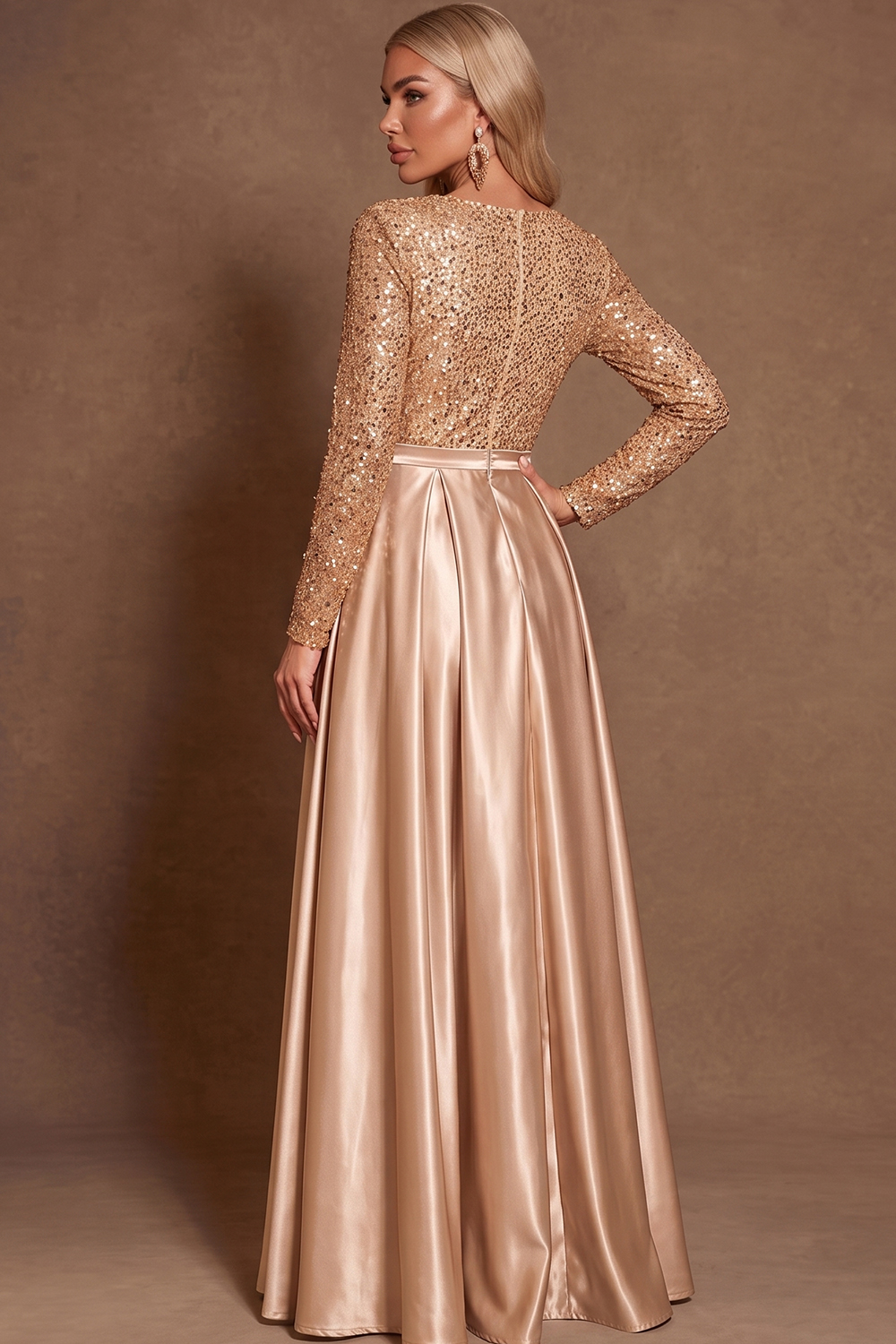 V Neck Long Sleeve Gold Christmas Formal Wear Sequin Satin A Line Gown