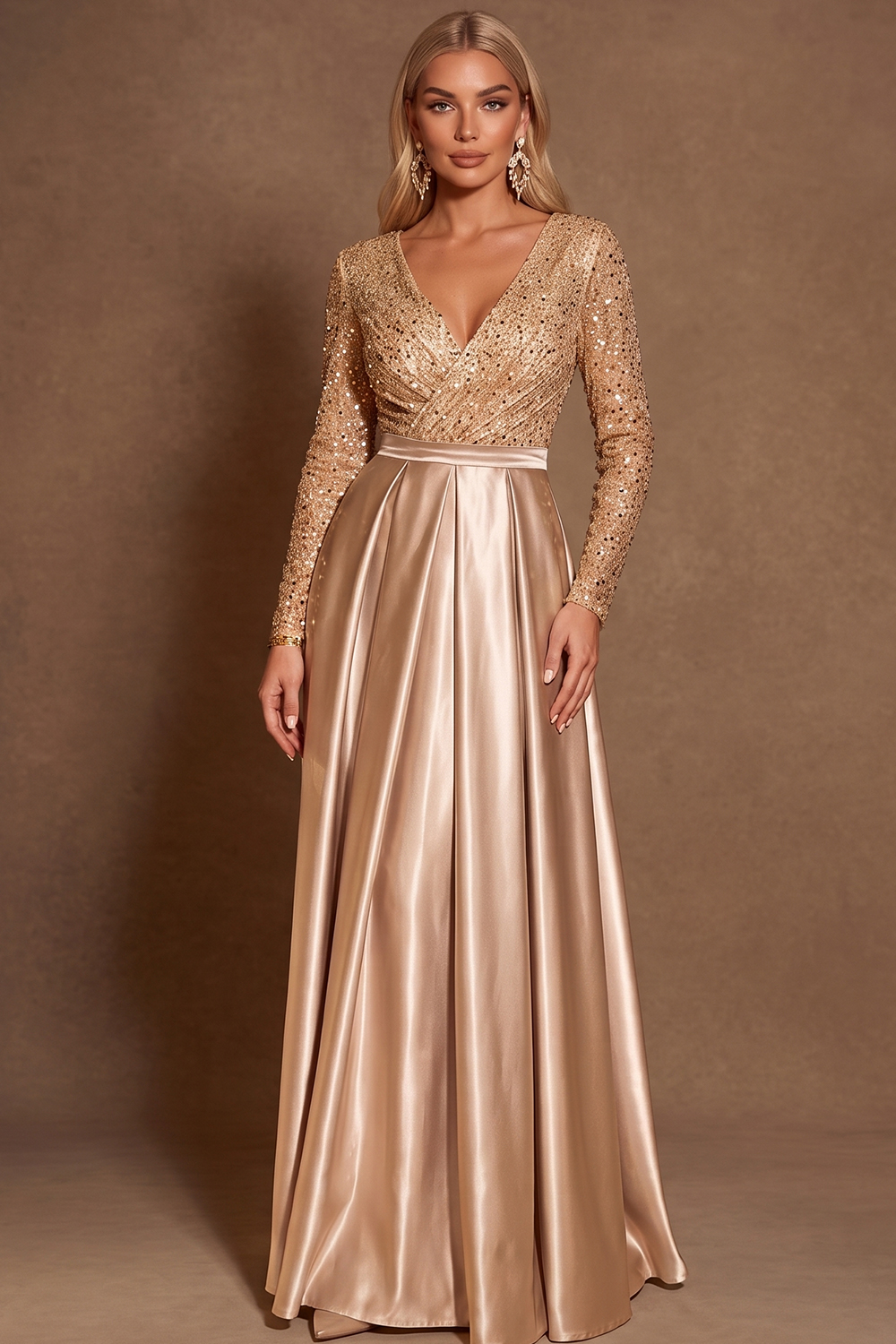 V Neck Long Sleeve Gold Christmas Formal Wear Sequin Satin A Line Gown