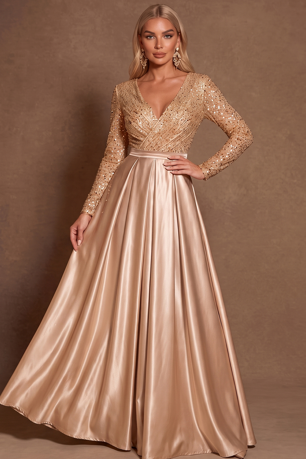 V Neck Long Sleeve Gold Christmas Formal Wear Sequin Satin A Line Gown