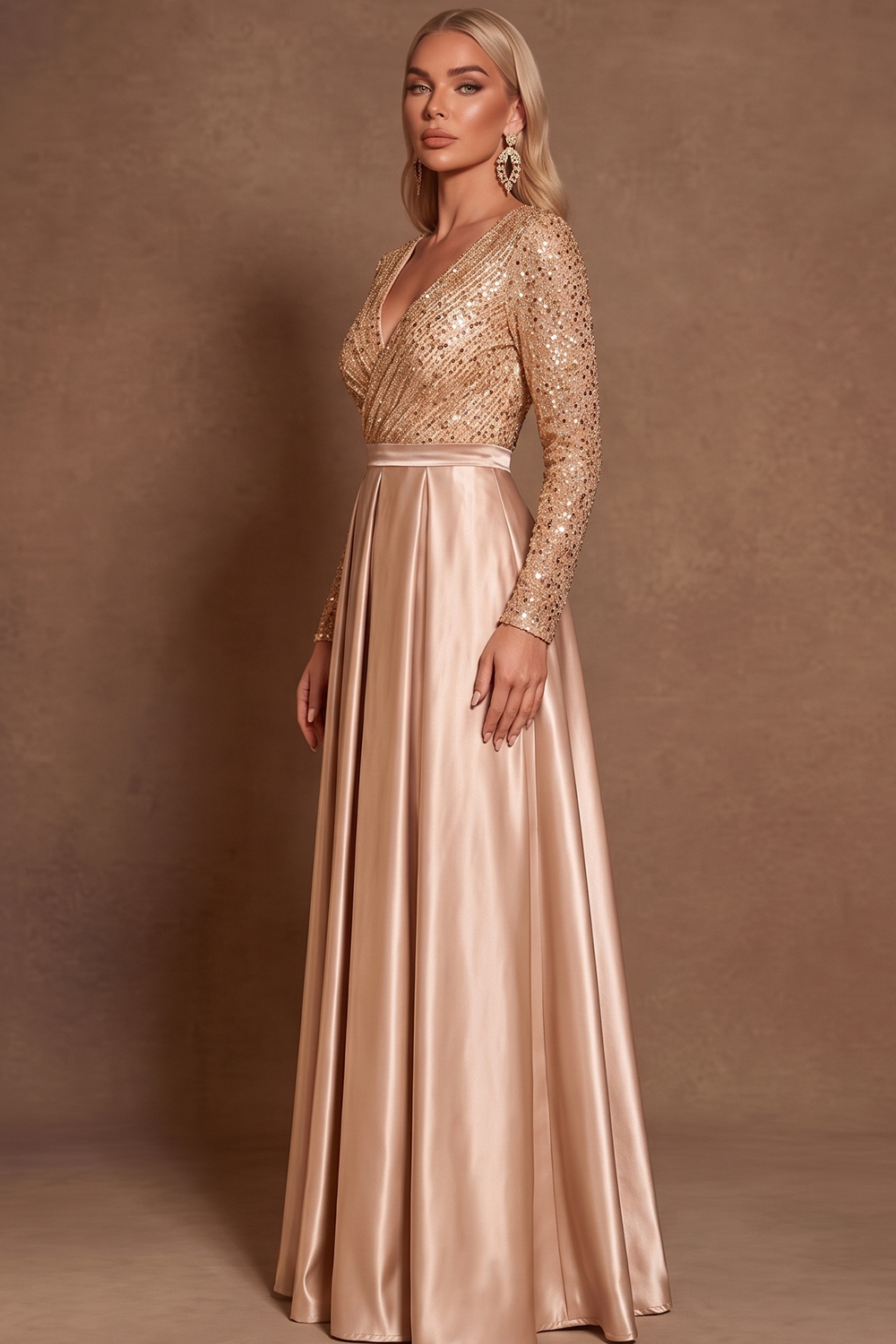 V Neck Long Sleeve Gold Christmas Formal Wear Sequin Satin A Line Gown