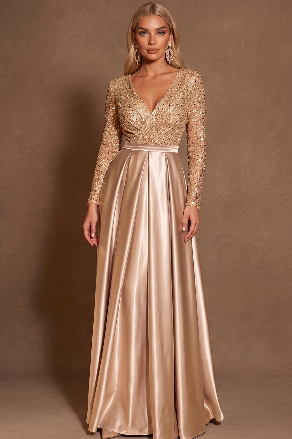 V Neck Long Sleeve Gold Christmas Formal Wear Sequin Satin A Line Gown